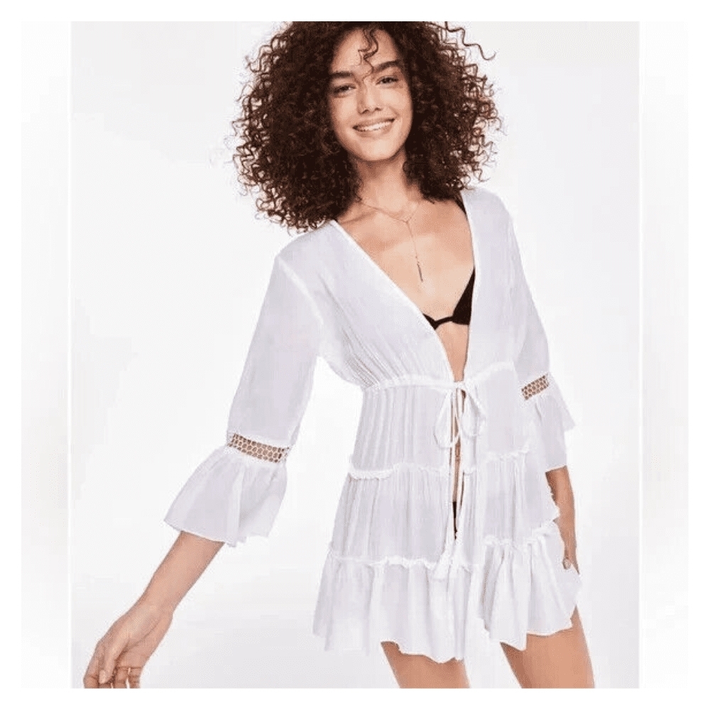 Women’s White Beach Cover-Up Cotton Ruffle Tassel Tie Tunic